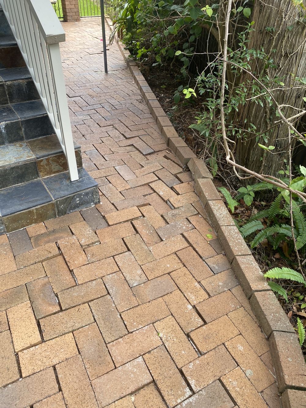Concrete paving sunk unevenly, a sign of poorly compacted ground, St Ives, Tallawong